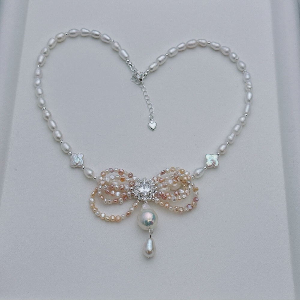 X703 Handmade Freshwater Pearl Bow tie Necklace